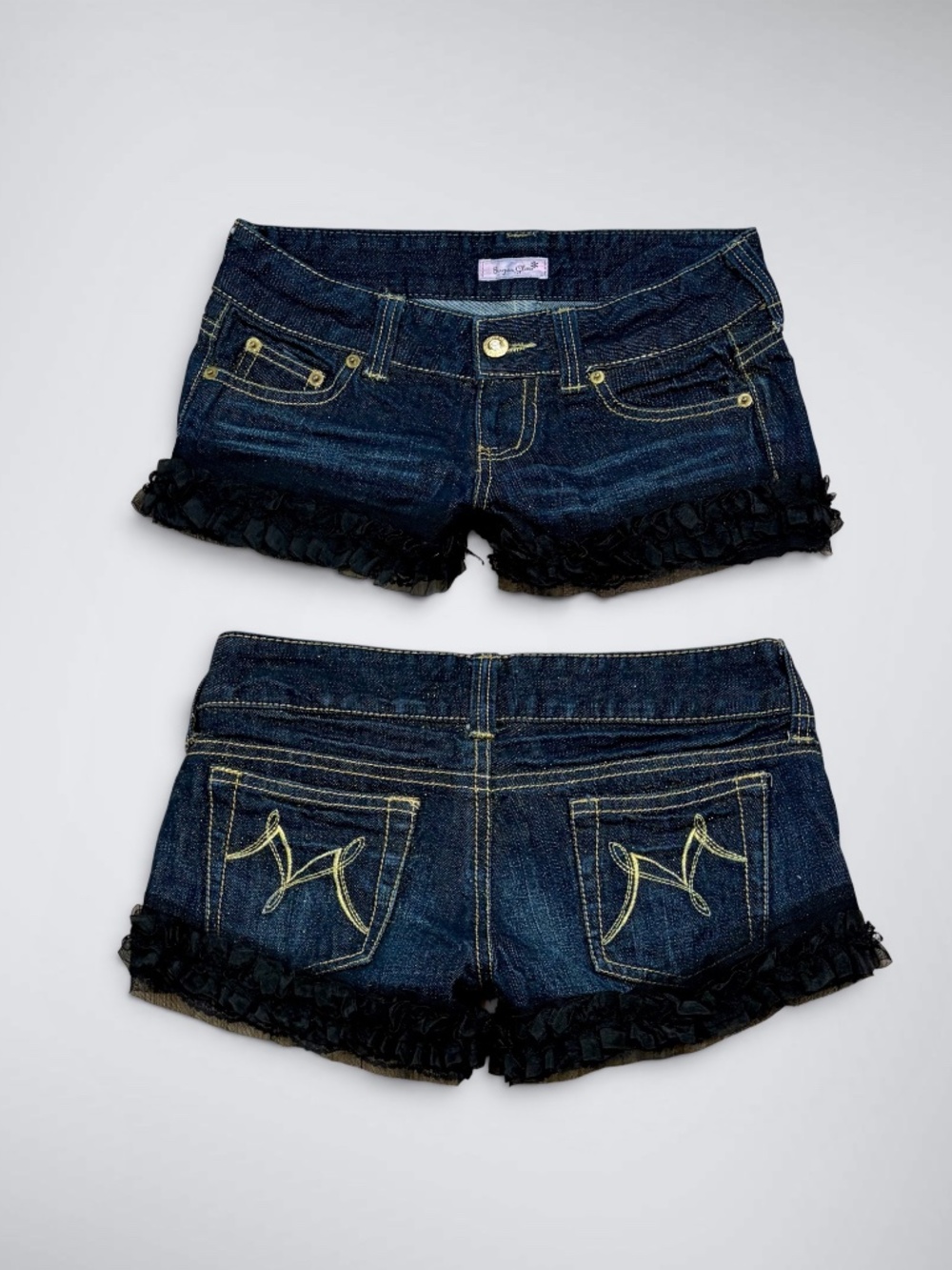 Vintage Y2K MA*RS Sugar Gloss Ultra Low Rise Ruffle Denim Shorts | Heisei Gyaru